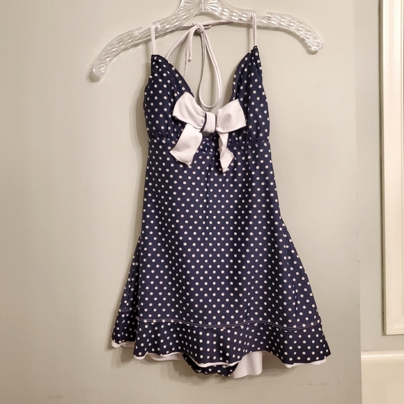 Eco swim One piece swim dress around neck tie polka dot bow detail back Size 6 - Picture 2 of 7